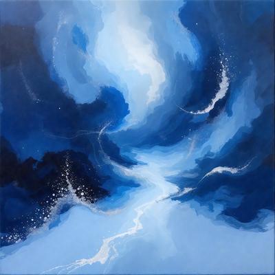 The primary subject of the image is a painting of a blue ocean with white clouds. The setting is a blue sky, and the visual style is a digital art or illustration. The dominant colors are blue and white, creating a serene and calming atmosphere.
